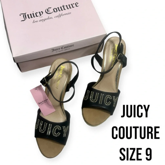Juicy Couture Black Metal Stud Espadrille Platform Ankle Strap Wedge Sandals 9 - Picture 1 of 14
